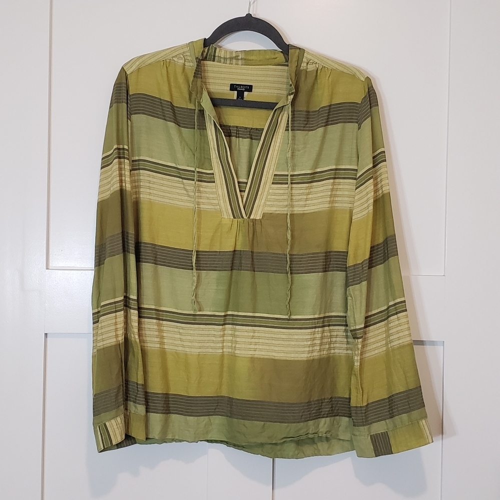 Talbots Cotton & Viscose Hi Low Tunic Top Green Striped Size Large Machine Wash